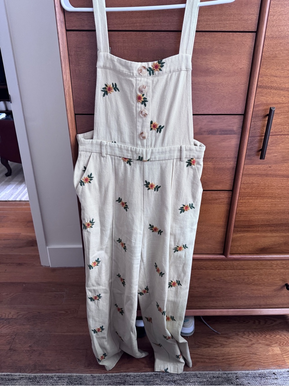 Cider Cream Floral Embroidered Overalls